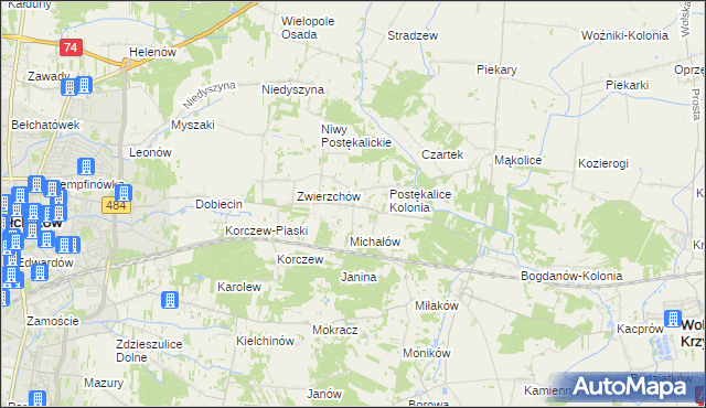 mapa Postękalice, Postękalice na mapie Targeo