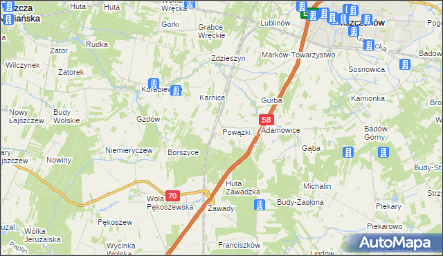 mapa Powązki gmina Mszczonów, Powązki gmina Mszczonów na mapie Targeo