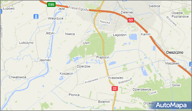 mapa Prądocin gmina Deszczno, Prądocin gmina Deszczno na mapie Targeo