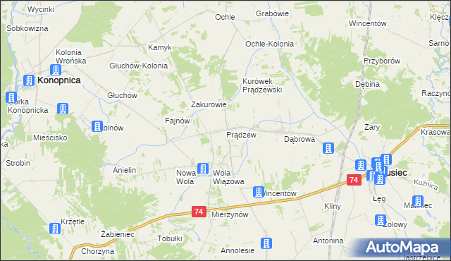 mapa Prądzew gmina Rusiec, Prądzew gmina Rusiec na mapie Targeo