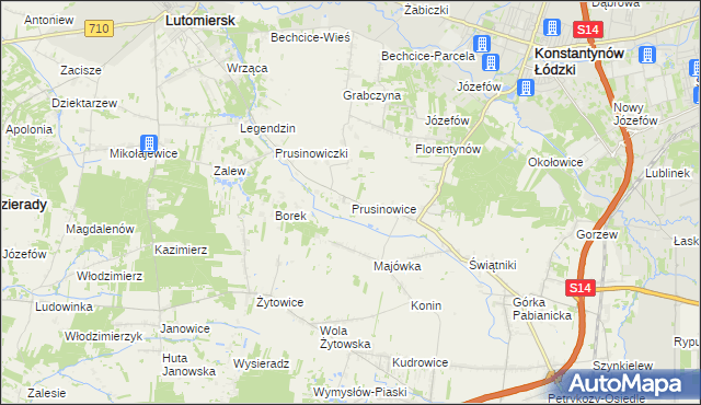 mapa Prusinowice gmina Lutomiersk, Prusinowice gmina Lutomiersk na mapie Targeo