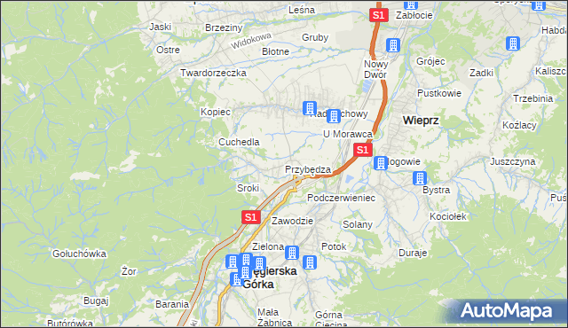 mapa Przybędza, Przybędza na mapie Targeo