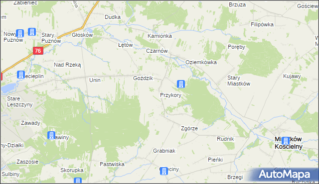 mapa Przykory gmina Miastków Kościelny, Przykory gmina Miastków Kościelny na mapie Targeo