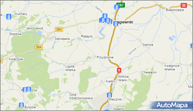 mapa Przystronie gmina Łagiewniki, Przystronie gmina Łagiewniki na mapie Targeo