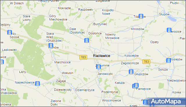 mapa Racławice powiat miechowski, Racławice powiat miechowski na mapie Targeo