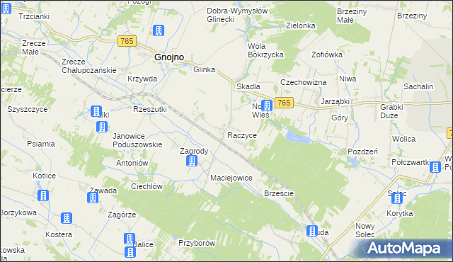 mapa Raczyce gmina Gnojno, Raczyce gmina Gnojno na mapie Targeo