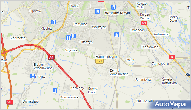 mapa Radomierzyce gmina Siechnice, Radomierzyce gmina Siechnice na mapie Targeo