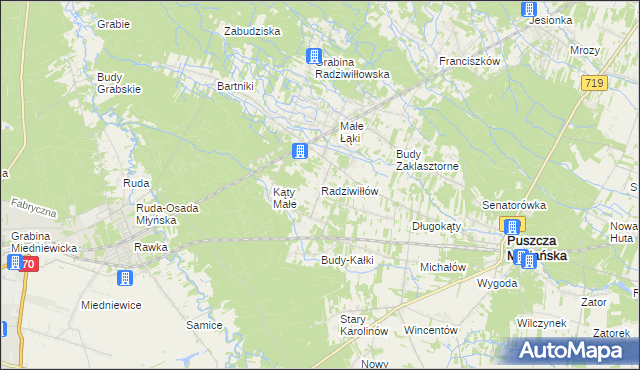 mapa Radziwiłłów gmina Puszcza Mariańska, Radziwiłłów gmina Puszcza Mariańska na mapie Targeo