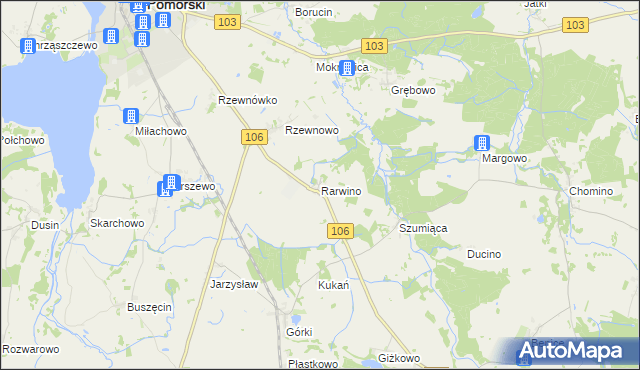 mapa Rarwino gmina Kamień Pomorski, Rarwino gmina Kamień Pomorski na mapie Targeo