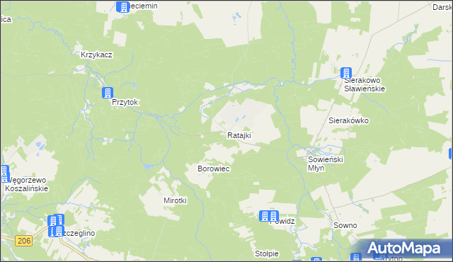 mapa Ratajki gmina Sianów, Ratajki gmina Sianów na mapie Targeo