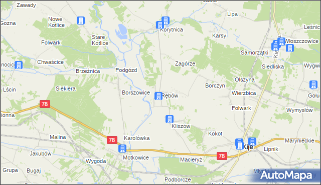 mapa Rębów gmina Kije, Rębów gmina Kije na mapie Targeo
