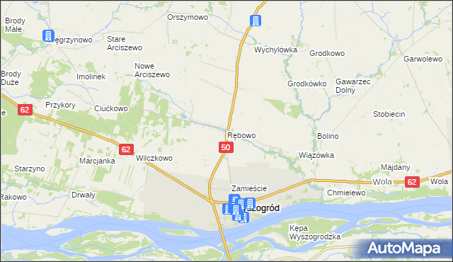 mapa Rębowo gmina Wyszogród, Rębowo gmina Wyszogród na mapie Targeo
