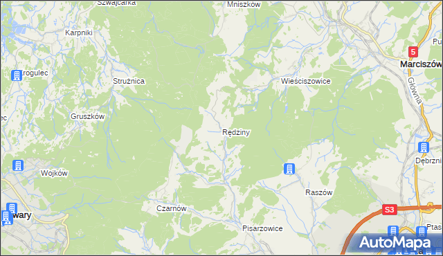mapa Rędziny gmina Kamienna Góra, Rędziny gmina Kamienna Góra na mapie Targeo