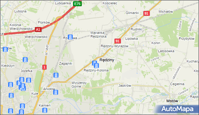 mapa Rędziny powiat częstochowski, Rędziny powiat częstochowski na mapie Targeo
