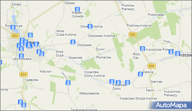 mapa Romanów gmina Bychawa, Romanów gmina Bychawa na mapie Targeo