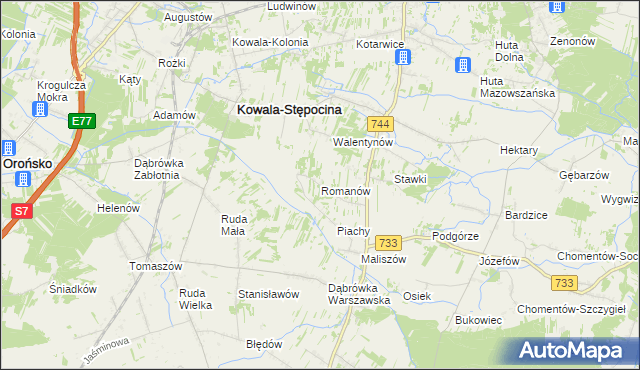 mapa Romanów gmina Kowala, Romanów gmina Kowala na mapie Targeo