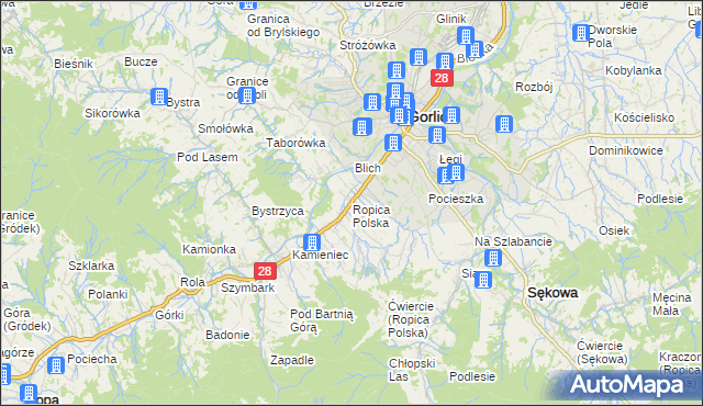 mapa Ropica Polska, Ropica Polska na mapie Targeo