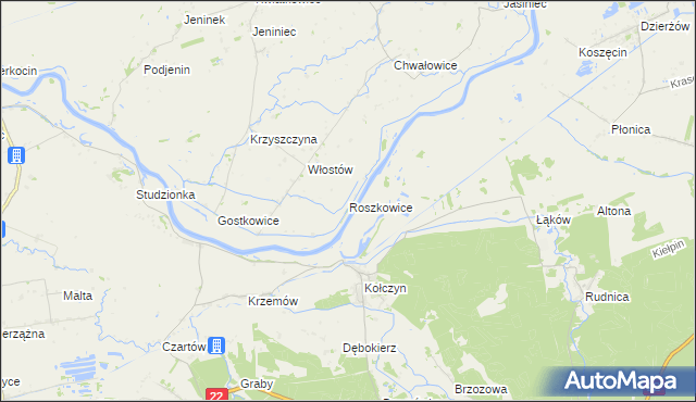 mapa Roszkowice gmina Bogdaniec, Roszkowice gmina Bogdaniec na mapie Targeo