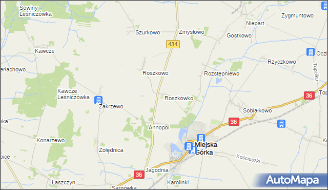mapa Roszkówko gmina Miejska Górka, Roszkówko gmina Miejska Górka na mapie Targeo