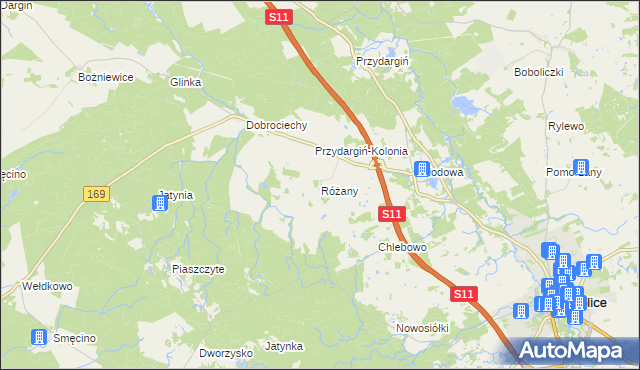 mapa Różany gmina Bobolice, Różany gmina Bobolice na mapie Targeo