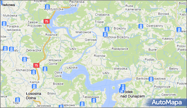 mapa Rożnów gmina Gródek nad Dunajcem, Rożnów gmina Gródek nad Dunajcem na mapie Targeo