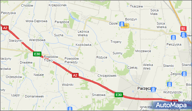 mapa Różyce gmina Parzęczew, Różyce gmina Parzęczew na mapie Targeo