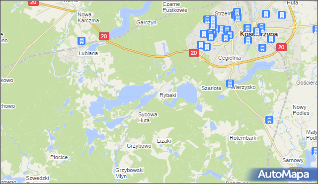 mapa Rybaki gmina Kościerzyna, Rybaki gmina Kościerzyna na mapie Targeo