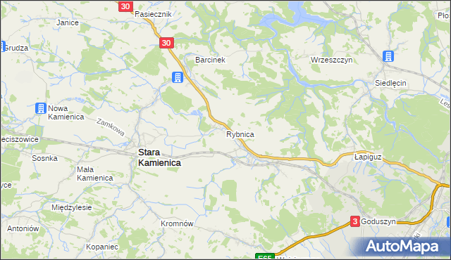 mapa Rybnica gmina Stara Kamienica, Rybnica gmina Stara Kamienica na mapie Targeo