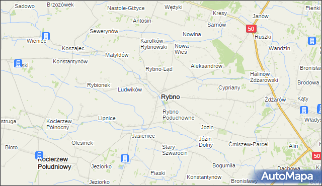 mapa Rybno powiat sochaczewski, Rybno powiat sochaczewski na mapie Targeo
