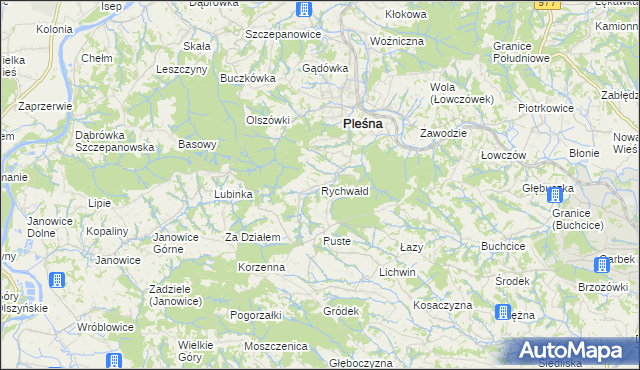 mapa Rychwałd gmina Pleśna, Rychwałd gmina Pleśna na mapie Targeo