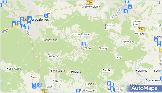 mapa Ryczów gmina Ogrodzieniec, Ryczów gmina Ogrodzieniec na mapie Targeo