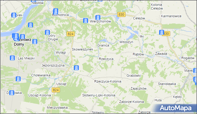 mapa Rzeczyca gmina Kazimierz Dolny, Rzeczyca gmina Kazimierz Dolny na mapie Targeo