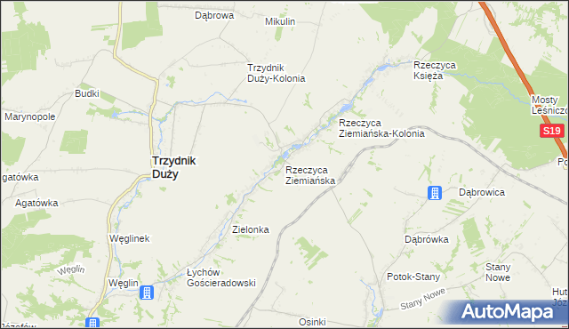 mapa Rzeczyca Ziemiańska, Rzeczyca Ziemiańska na mapie Targeo