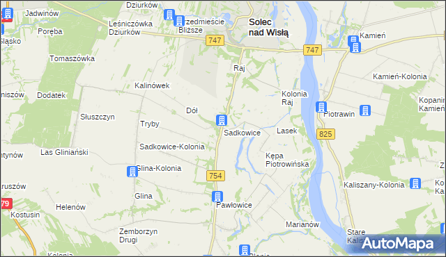 mapa Sadkowice gmina Solec nad Wisłą, Sadkowice gmina Solec nad Wisłą na mapie Targeo