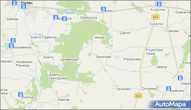 mapa Sarbinowo gmina Poniec, Sarbinowo gmina Poniec na mapie Targeo