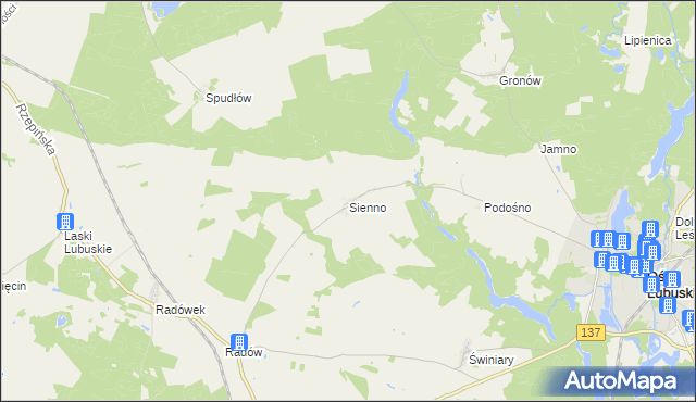mapa Sienno gmina Ośno Lubuskie, Sienno gmina Ośno Lubuskie na mapie Targeo