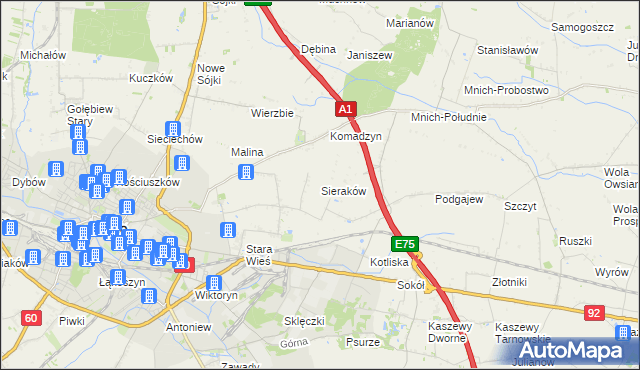 mapa Sieraków gmina Kutno, Sieraków gmina Kutno na mapie Targeo