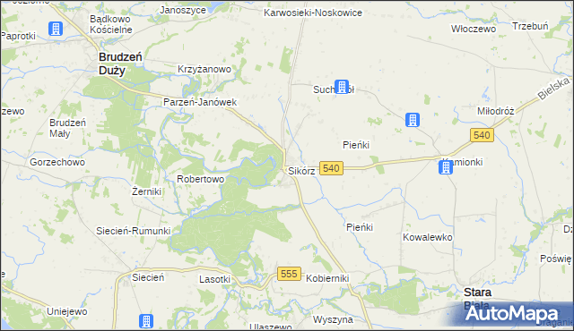 mapa Sikórz gmina Brudzeń Duży, Sikórz gmina Brudzeń Duży na mapie Targeo