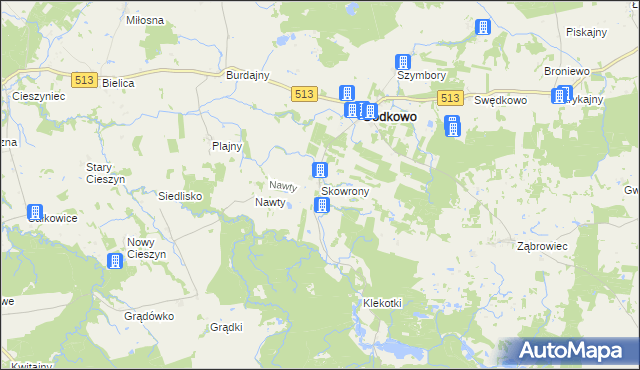 mapa Skowrony gmina Godkowo, Skowrony gmina Godkowo na mapie Targeo