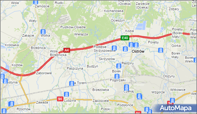 mapa Skrzyszów gmina Ostrów, Skrzyszów gmina Ostrów na mapie Targeo