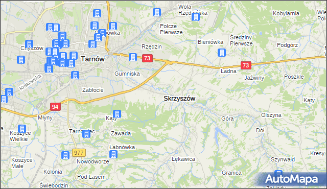 mapa Skrzyszów powiat tarnowski, Skrzyszów powiat tarnowski na mapie Targeo
