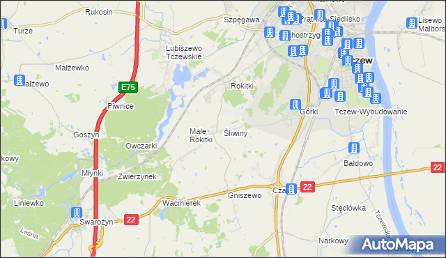 mapa Śliwiny gmina Tczew, Śliwiny gmina Tczew na mapie Targeo