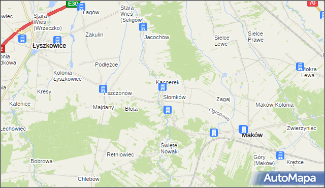 mapa Słomków gmina Maków, Słomków gmina Maków na mapie Targeo