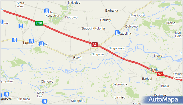 mapa Sługocin gmina Lądek, Sługocin gmina Lądek na mapie Targeo