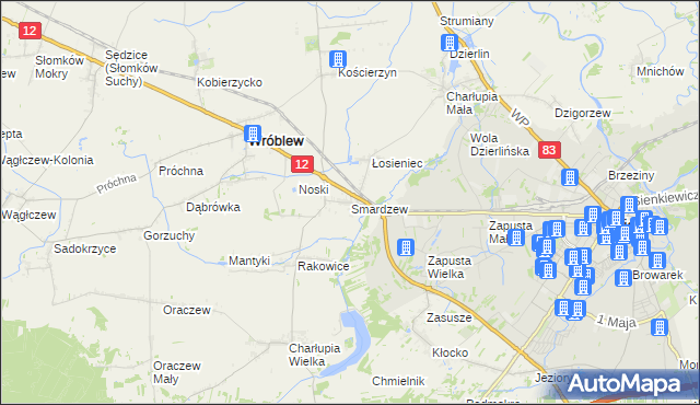 mapa Smardzew gmina Wróblew, Smardzew gmina Wróblew na mapie Targeo