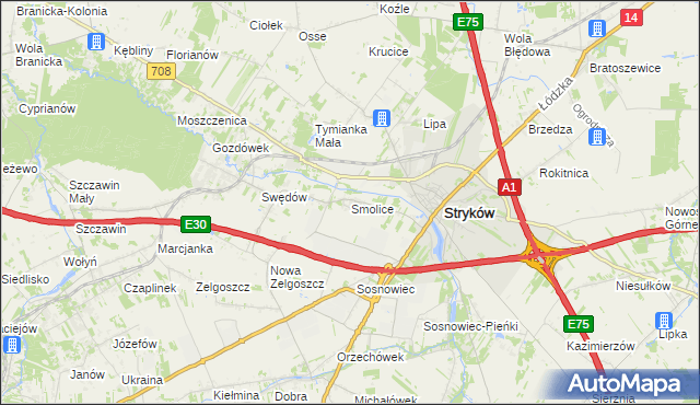 mapa Smolice gmina Stryków, Smolice gmina Stryków na mapie Targeo