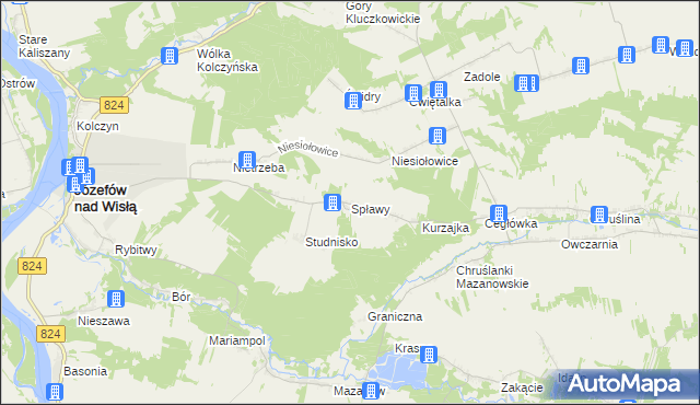 mapa Spławy gmina Józefów nad Wisłą, Spławy gmina Józefów nad Wisłą na mapie Targeo