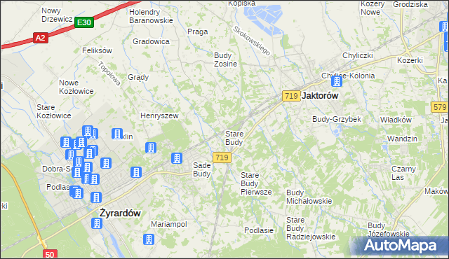 mapa Stare Budy gmina Jaktorów, Stare Budy gmina Jaktorów na mapie Targeo
