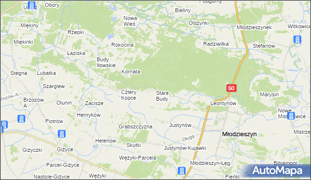 mapa Stare Budy gmina Młodzieszyn, Stare Budy gmina Młodzieszyn na mapie Targeo