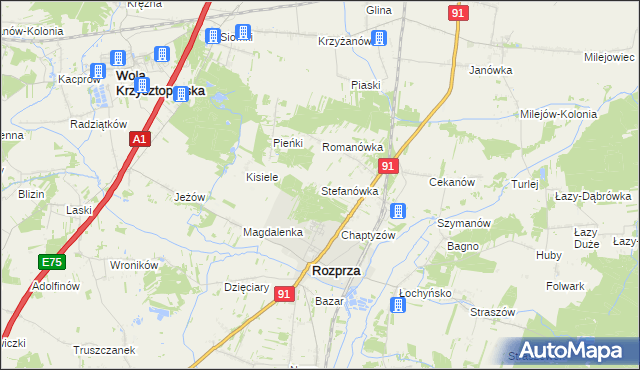 mapa Stefanówka gmina Rozprza, Stefanówka gmina Rozprza na mapie Targeo
